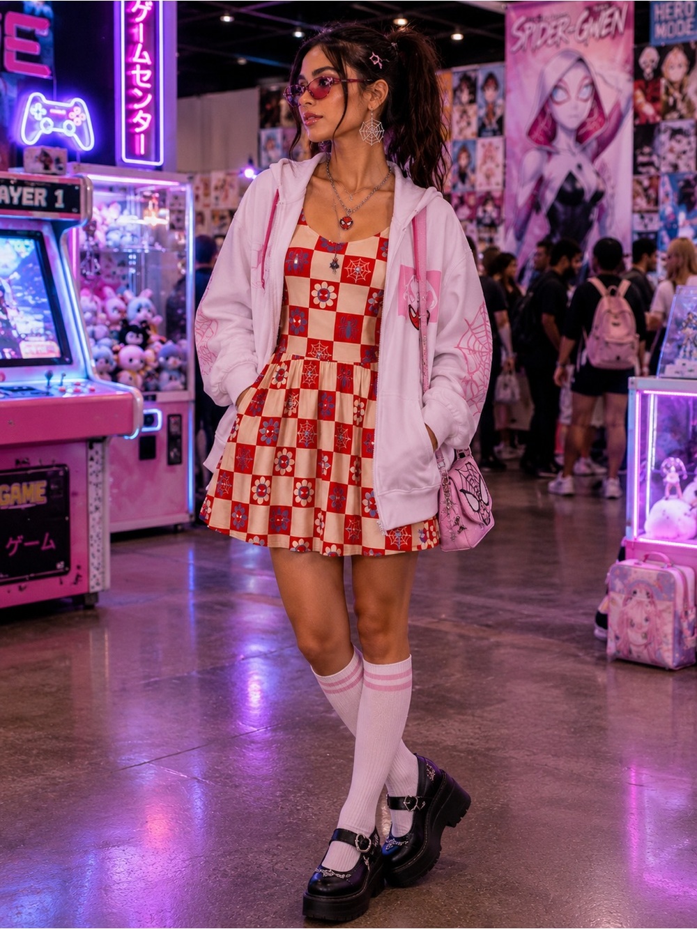 Marvel Red and Cream Checkerboard Spider-Web Mini Dress - Picture 4 of 14